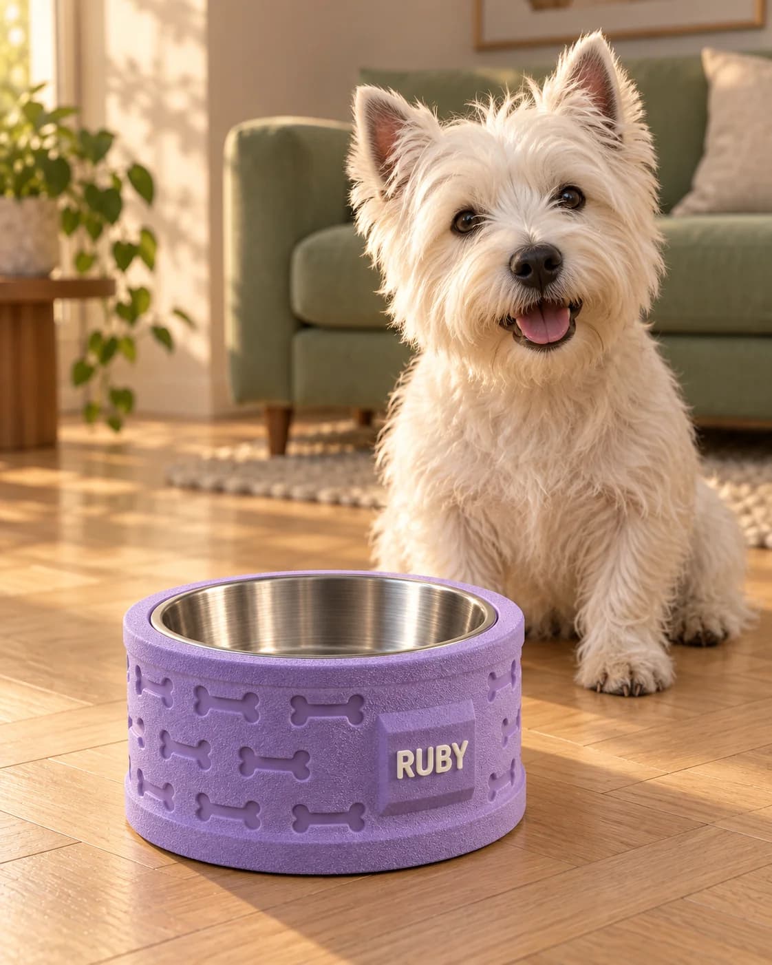 White West Highland terrier beside Ruby's lilac bowl stand with recessed bones and ivory lettering, on a parquet living-room floor