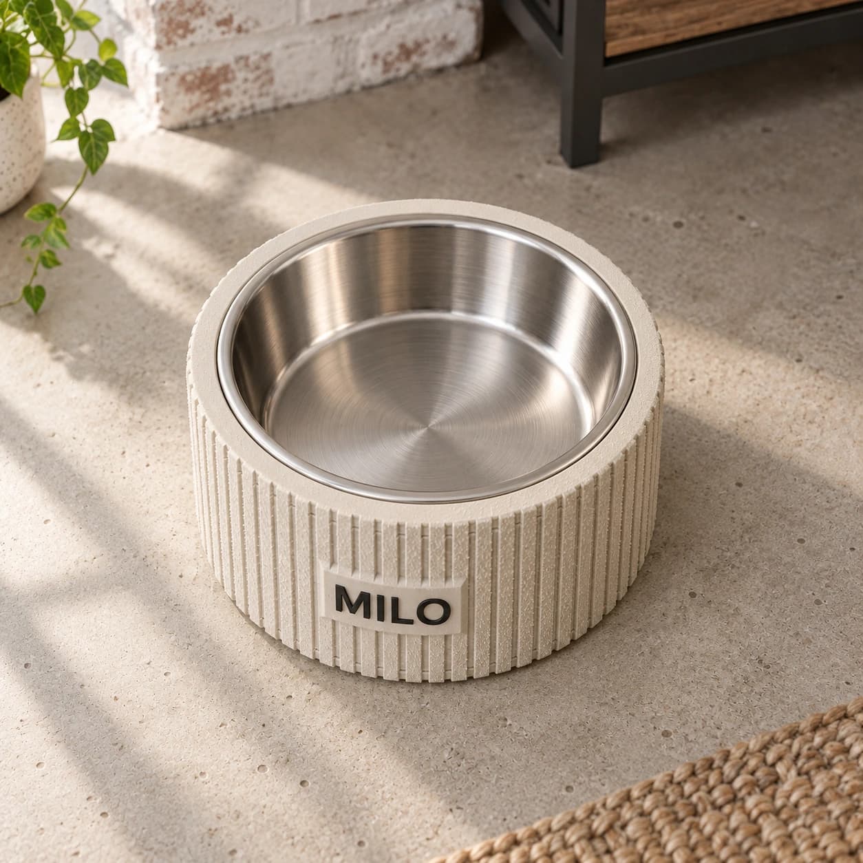 Overhead view of a bone-white fluted MILO stand with its removable stainless steel bowl seated inside