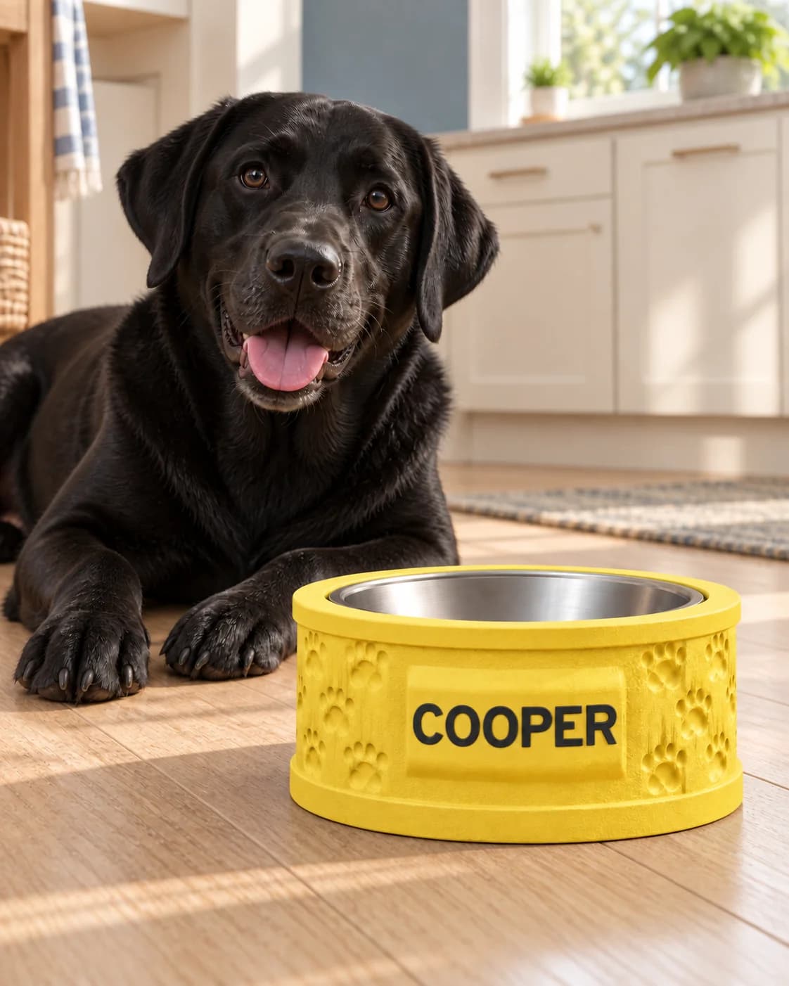 Black Labrador beside a lemon yellow paw-pattern bowl stand with COOPER in charcoal lettering and a stainless steel bowl, on a sunlit oak kitchen floor