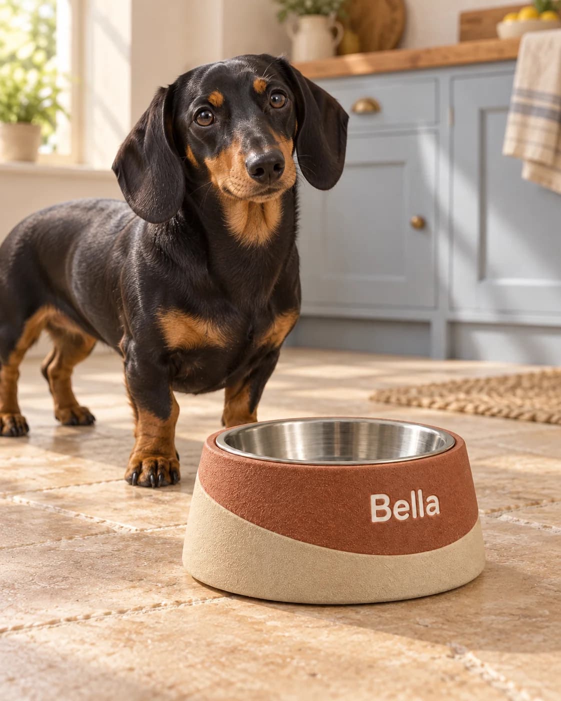Black-and-tan dachshund beside Bella's terracotta and sand-coloured wave bowl stand in a sunlit blue kitchen